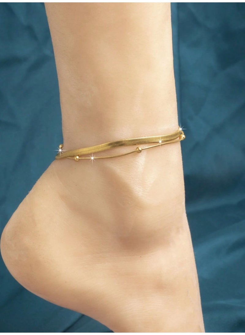 veya A Modern Double-Layer Stainless Steel Anklet, 18K Gold Plated And Decorated With Elegant Metal Beads. - Image 4